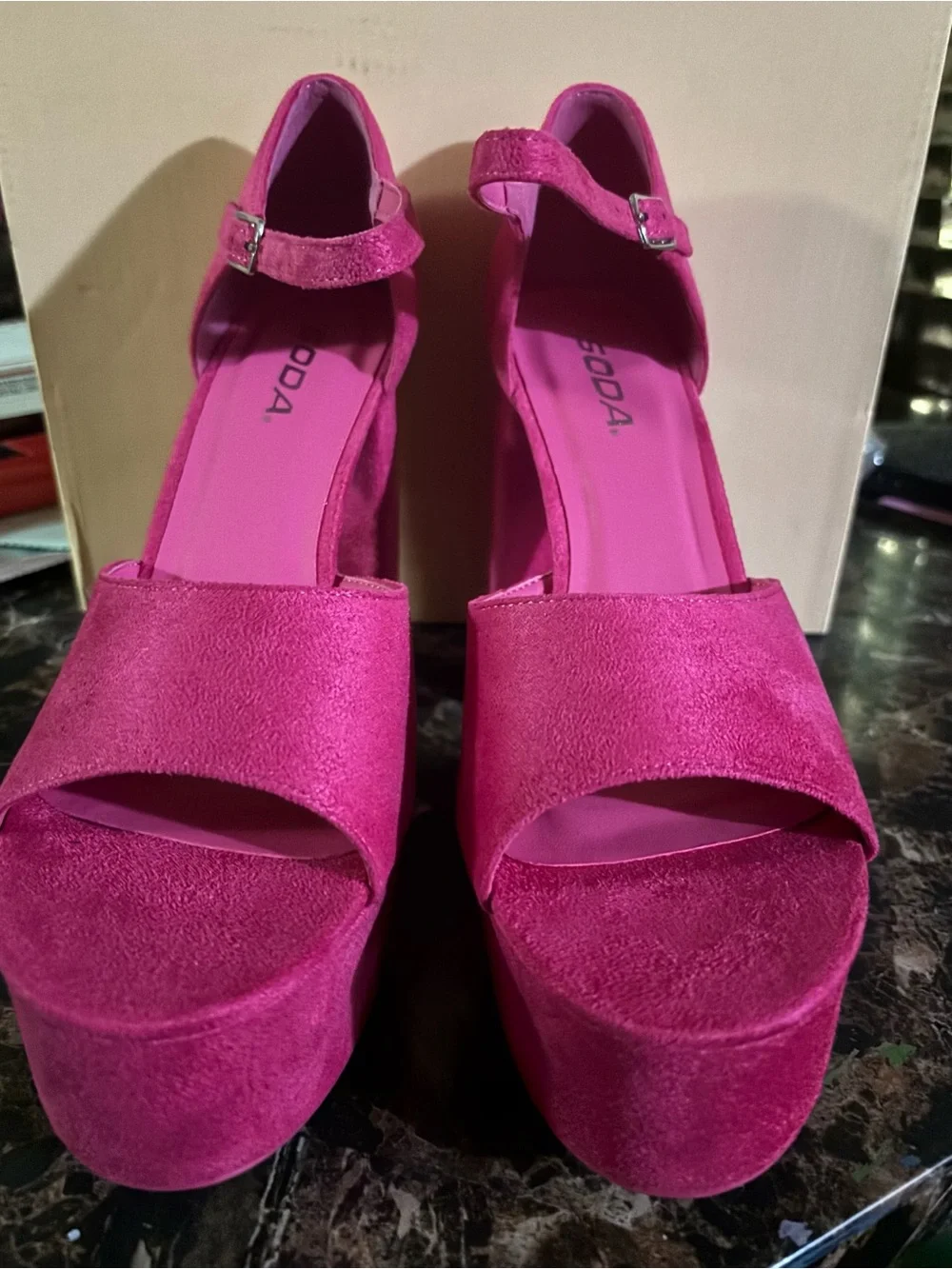 Soda Hot Pink Suede Platform Heel with Ankle Strap